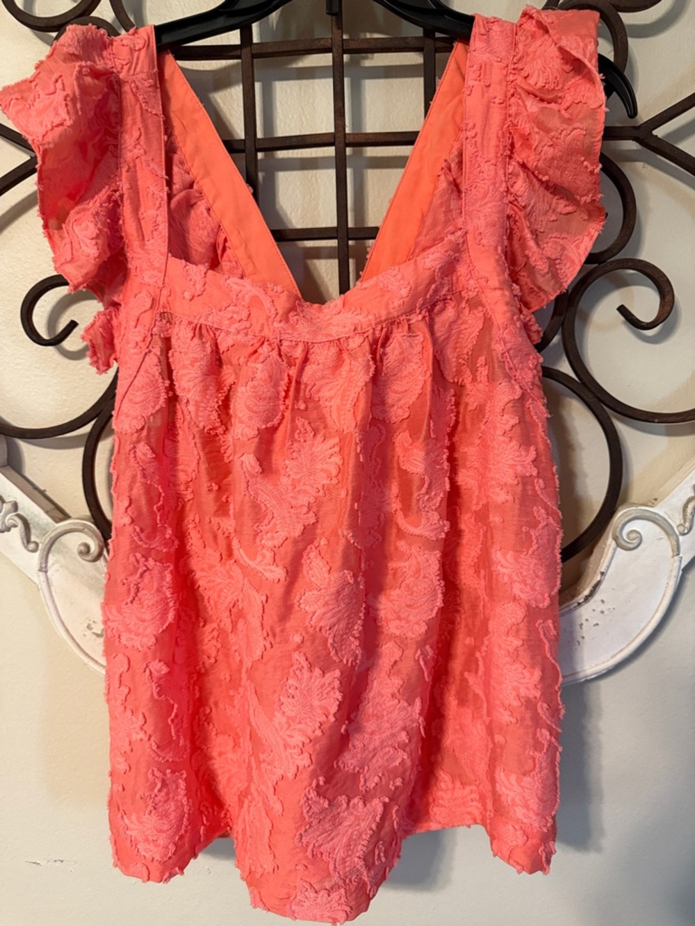 Anthropologie Coral Pink Textured Flutter Sleeve Tank